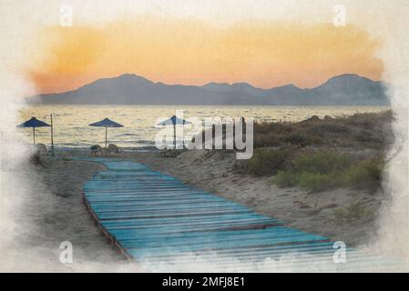 Digital watercolor painting of a light blue boardwalk leading down to umbrellas on the beach, as the sun set behind the mountains at golden hour. Stock Photo