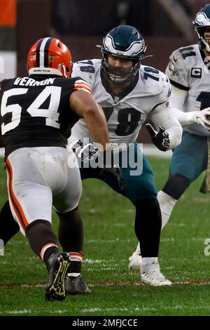 Philadelphia Eagles guard Sua Opeta (78) and Detroit Lions offensive tackle  Drew Forbes (76) walks off the field during an NFL football game, Sunday,  Sept. 11, 2022, in Detroit. (AP Photo/Rick Osentoski