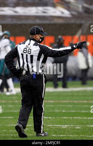 NFL back judge Brad Freeman stands on the field during an NFL