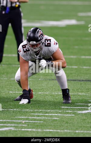 Atlanta Falcons guard Chris Lindstrom (63) on the sideline against the  Detroit Lions during an NFL football game, Friday, Aug. 12, 2022, in  Detroit. (AP Photo/Rick Osentoski Stock Photo - Alamy