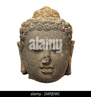 Stone Buddha head isolated on white background, front view color picture Stock Photo