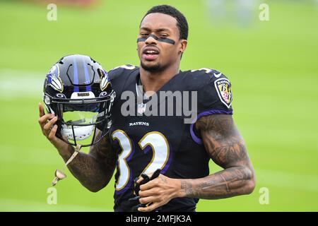 Baltimore Ravens free safety DeShon Elliott (32) wears Breonna Taylor's  name on the back of his helmet before an NFL football game against the  Kansas City Chiefs, Monday, Sept. 28, 2020, in