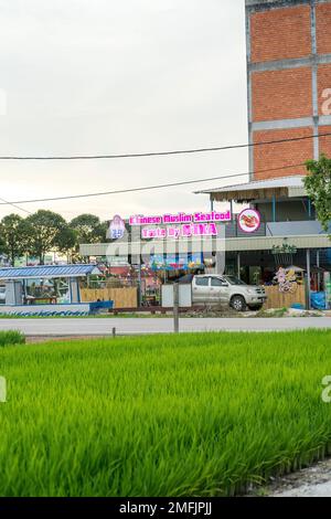 Sekinchan, Malaysia - October 5, 2022: Taste by Dika, a Chinese Muslim seafood restaurant, is located near a paddy field. Stock Photo