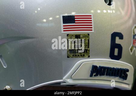 The NFL Salute to Service patch is seen on a jacket prior to an NFL football