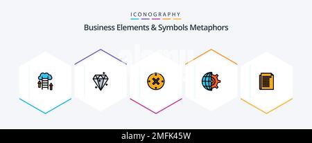 Business Elements And Symbols Metaphors 25 FilledLine icon pack including document. setting. prize. globe. cancel Stock Vector