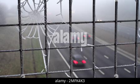 traffic passing hoar frost on spiders web in fog on bridge above the A1/M motorway Leeds united kingdom Stock Photo