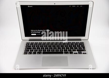 Riga, Latvia - January 24, 2023: OpenAI webpage on laptop screen on white background. Stock Photo