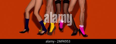 Contemporary art collage. Creative colorful design. Male and female legs in heels and black transparent tights over red background Stock Photo