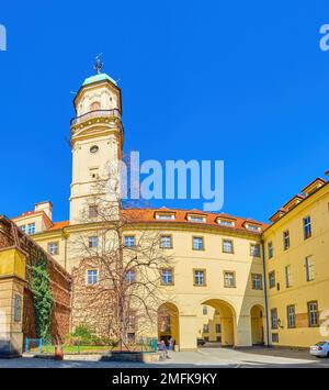 Panorama of Clementinum with astronomical tower, the historical complex in the heart of Old town of Prague, Czechia Stock Photo