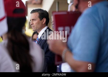 Former Nevada Attorney General Adam Laxalt speaks at a news conference Tuesday, Nov. 17, 2020, in Las Vegas. The state Republican Party said it would file a new lawsuit “to throw out fraud and ensure election integrity in the Nevada general election.” (AP Photo/John Locher)