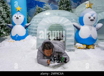 Thailand. 25th Jan, 2023. A tourist takes photos with the coldness below -10 degree Celsius and simulated snow. Decorations to create a snow city, with snow slider, Eskimo house and snow Covered Pine Trees are seen at 'Snow Buddy Winter Land' in Chiang Mai Zoo. Credit: SOPA Images Limited/Alamy Live News Stock Photo