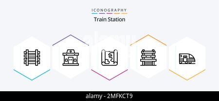 Train Station 25 Line icon pack including subway. waiting. location. station. chair Stock Vector
