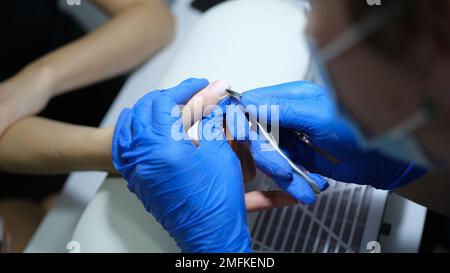 Manicurist makes manicure to client in beauty salon. Stock Photo