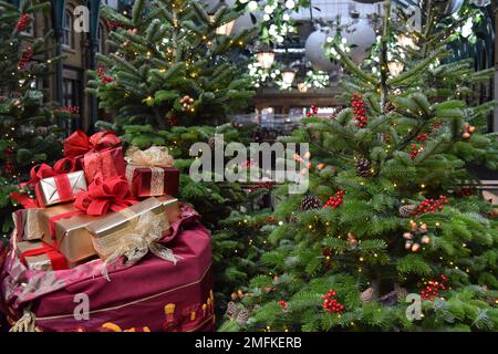 A sack of red and gold wrapped Christmas presents sits beside a collection of decorated live Christmas trees in a festive display in London, England. Stock Photo