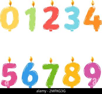 Hand drawn colorful birthday candles numbers with burning flame. Vector illustration of design element for birthday cakes in flat style. Stock Vector