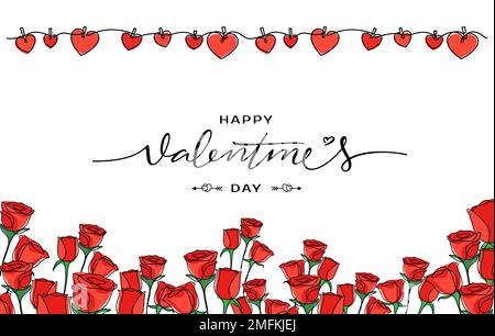 happy valentine's day background with heart hanging and roses decorated ornament vector illustration Stock Vector