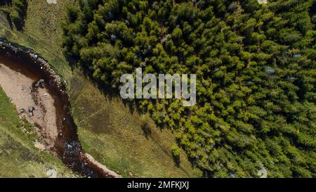 Aerial birds eye view of the River Muick and pine forest on the Balmoral Estate in the Cairngorms National Park in the Scottish Highlands of Scotland, Stock Photo