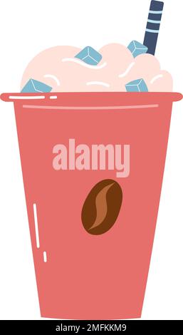 Iced coffee in paper cup with cream and straw. Flat hand drawn vector illustration of cold drink, icon, design element. Stock Vector