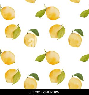Seamless pattern with watercolor lemons and green leaves isolated on white background. Stock Photo