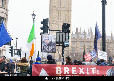 Westminster, London. 25th January 2023. A group of protesters against Brexit gather near Parliament Square. Credit: Bridget Catterall/Alamy Live News Stock Photo