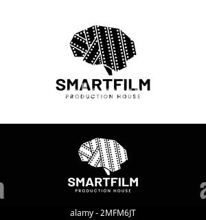 Smart Brain with Filmstrip Stripe Logo Design Template. Suitable for Cinematography Video Film Movie Production Studio Cinema Theater Industry Label Stock Vector