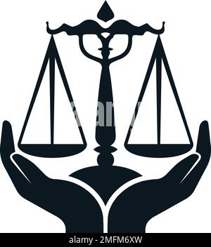 Law service logo design. Two hand holding justice scale balance. Professional, modern, creative and eye catching design. Judicial case solution. Stock Vector