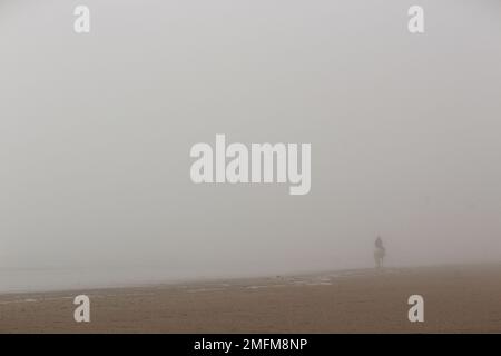 Horse rider on an overcast foggy beach in winter riding away. Moody foggy overcast poster with copy and text space Stock Photo