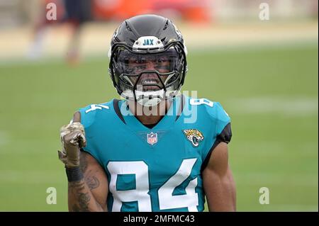 Jacksonville Jaguars wide receiver Keelan Cole Sr. (84) wears a Salute to  Service glove while setting up for a play during the second half of an NFL  football game against the Houston