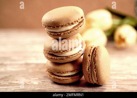 Caramel Macarons | Macaroons background, selective focus Stock Photo