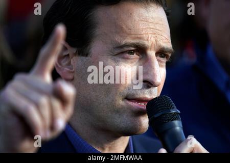 Former Nevada Attorney General Adam Laxalt speaks during a news conference outside of the Clark County Election Department, Sunday, Nov. 8, 2020, in North Las Vegas. (AP Photo/John Locher)