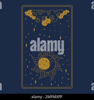 Tarot aesthetic decorative card. Occult tarot design for oracle card covers. Vector illustration isolated in blue background Stock Vector