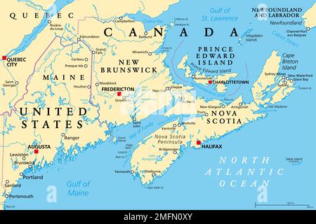 The Maritimes, also called Maritime provinces, a region of Eastern Canada, political map, with capitals, borders and largest cities. Stock Photo