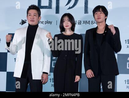 Seoul, South Korea. 25th Jan, 2023. (L to R) South Korean actors Heo Seong-tae, Lee Elijah and Jang Geun-seok attend the photocall for the Coupang Play Movie “Decoy” preview screening in Seoul, South Korea on January 25, 2023. It is scheduled to be released theatrically on January 27, 2023 (Photo by Lee Young-ho/Sipa USA) Credit: Sipa USA/Alamy Live News Stock Photo