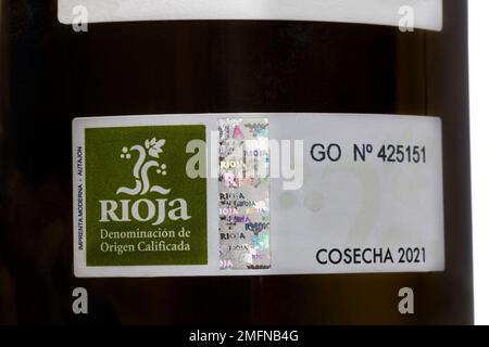 Rioja label on bottle of Morum Rioja tempranillo red wine - product of Spain, Spanish sold in the UK Stock Photo