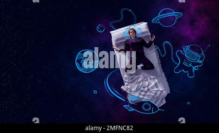 Creative design with line art. Young woman in pajamas sleeping and dreaming about space, stars, planets. Starry background Stock Photo