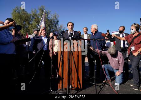 Former Nevada Attorney General Adam Laxalt speaks during a news conference in front of the Clark County Election Department, Thursday, Nov. 5, 2020, in Las Vegas. (AP Photo/John Locher)