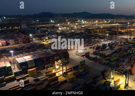 NANJING, CHINA - JANUARY 25, 2023 - Aerial photo taken on Jan. 25, 2023 shows the production scene of Longtan Port of Nanjing Port of Jiangsu Port Gro Stock Photo