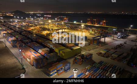 NANJING, CHINA - JANUARY 25, 2023 - Aerial photo taken on Jan. 25, 2023 shows the production scene of Longtan Port of Nanjing Port of Jiangsu Port Gro Stock Photo