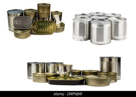 Mix of cans isolated on white background. Copy space. Stock Photo