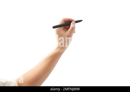 Hand holding black stylus pen isolated on white background. Stock Photo
