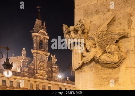 Valencia - The relief of Royal arms of Kingdom of Valencia on the facade of Lonja de la Seda building. Stock Photo