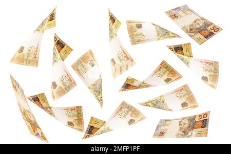 50 reais banknotes from Brazil falling on isolated white background. Concept of fortune, prize, big luck or investment Stock Photo