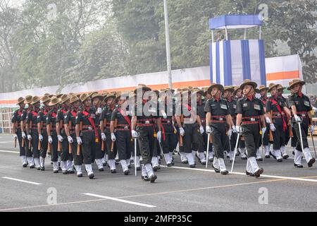 Assam Rifles Officers preparing for taking part in the upcoming Indian Republic Day parade at Indira Gandhi Sarani, Kolkata, West Bengal, India on Jan Stock Photo