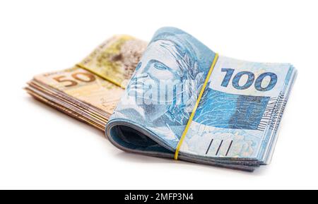 many banknotes of 100 and 50 reais, brazilian money, thousand reais ...