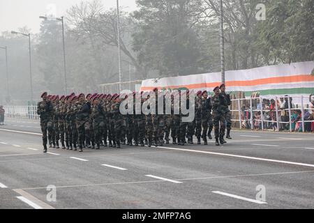 Indian Army Officers preparing for taking part in the upcoming Indian Republic Day parade at Indira Gandhi Sarani, Kolkata, West Bengal, India on Janu Stock Photo