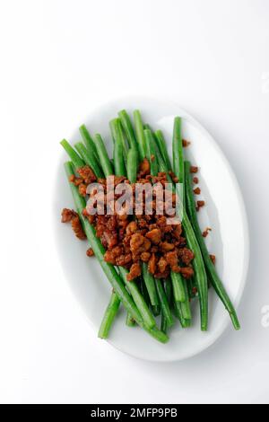 Stir Fried String Bean, French Bean with Minced Beef. Gan Bian Dou Jiao, Chinese Sichuan Cuisine. Top View Stock Photo