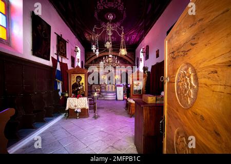 Interior view of the church of the 16th century Greek Orthodox monastery of Agios Georgios Krimnon on the island of Zakynthos, Zante, Greece Stock Photo