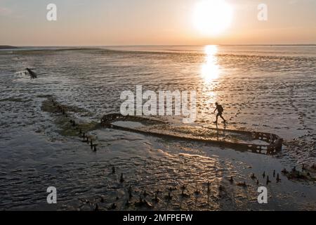 Aerial from walking on the mud from the Wadden Sea with an old ship wreck in Friesland the Netherlands at sunset Stock Photo