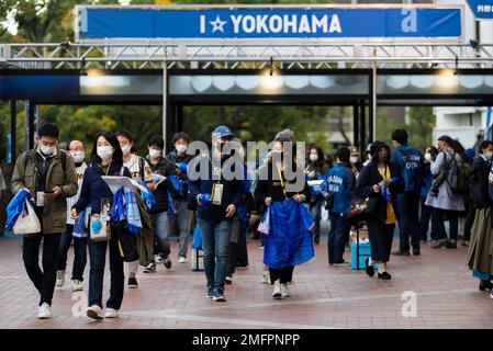 A baseball game between the DeNA BayStars and the Hanshin Tigers is played  at Yokohama Stadium on Nov. 1, 2020, the last day of a three-day trial to  study ways to mitigate