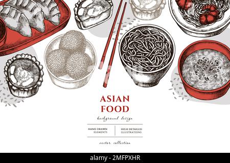 Asian food hand drawn illustration design. Background with vintage jiaozi, jian dui, egg tart, noodles with shrimp, egg soup, noodles bowl. Stock Vector